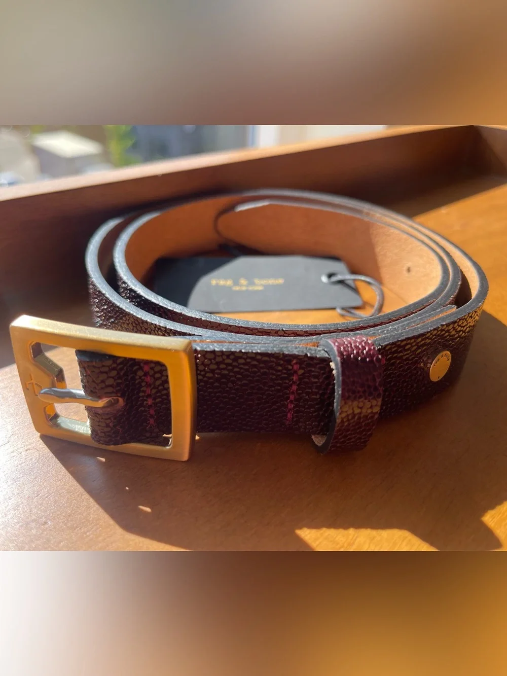 rag & bone Baby Boyfriend 2.0 Burgundy Textured Leather belt, two-tone buckle.
